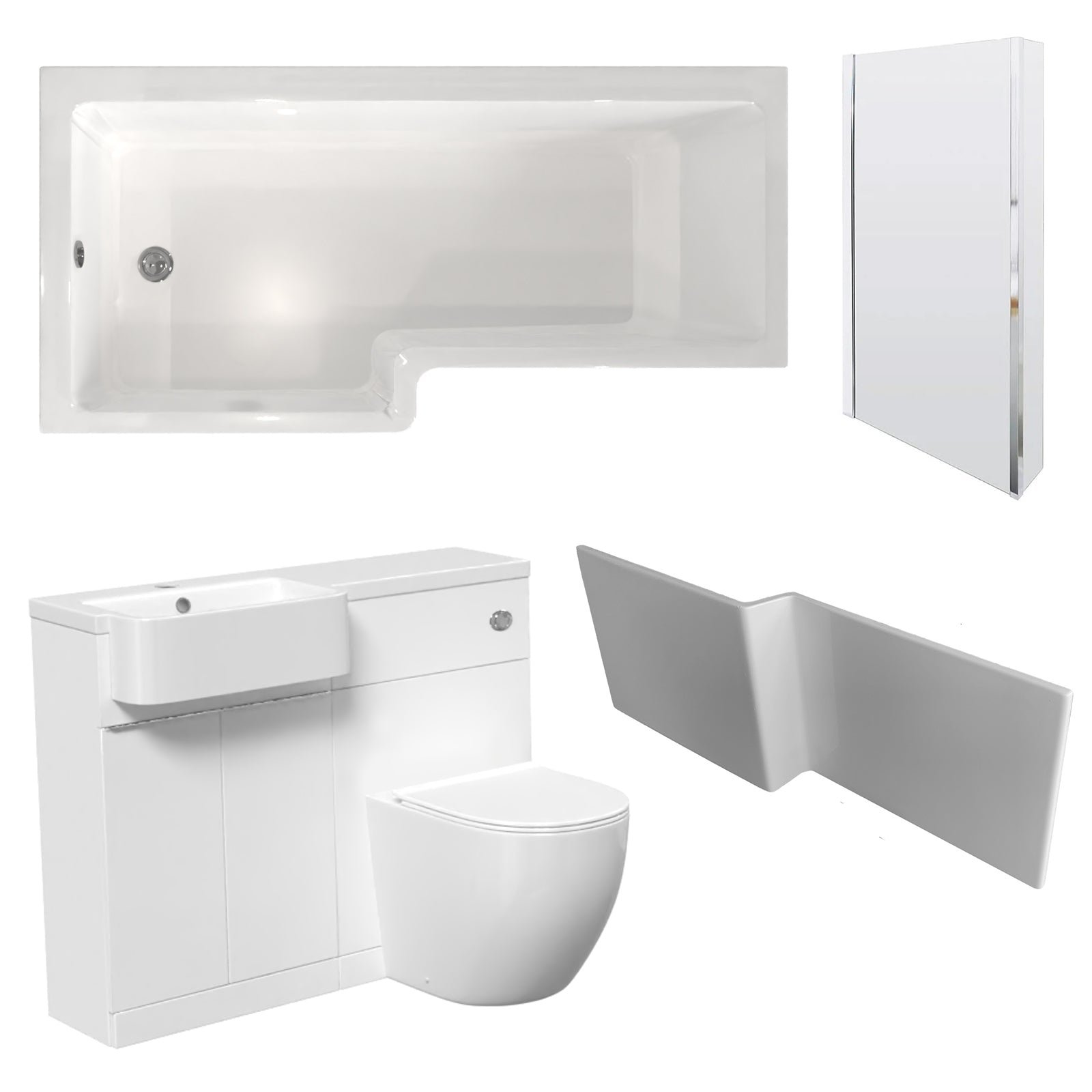 Bretford White L-Shaped LH 1700mm Shower Bath With Screen. Basin Vanity Unit With Handle & BTW Toilet Suite - Image 2