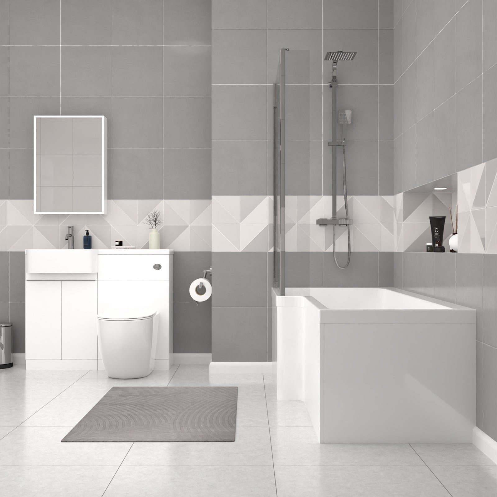 Bretford White L-Shaped LH 1700mm Shower Bath With Screen. Basin Vanity Unit With Handle & BTW Toilet Suite - Image 3