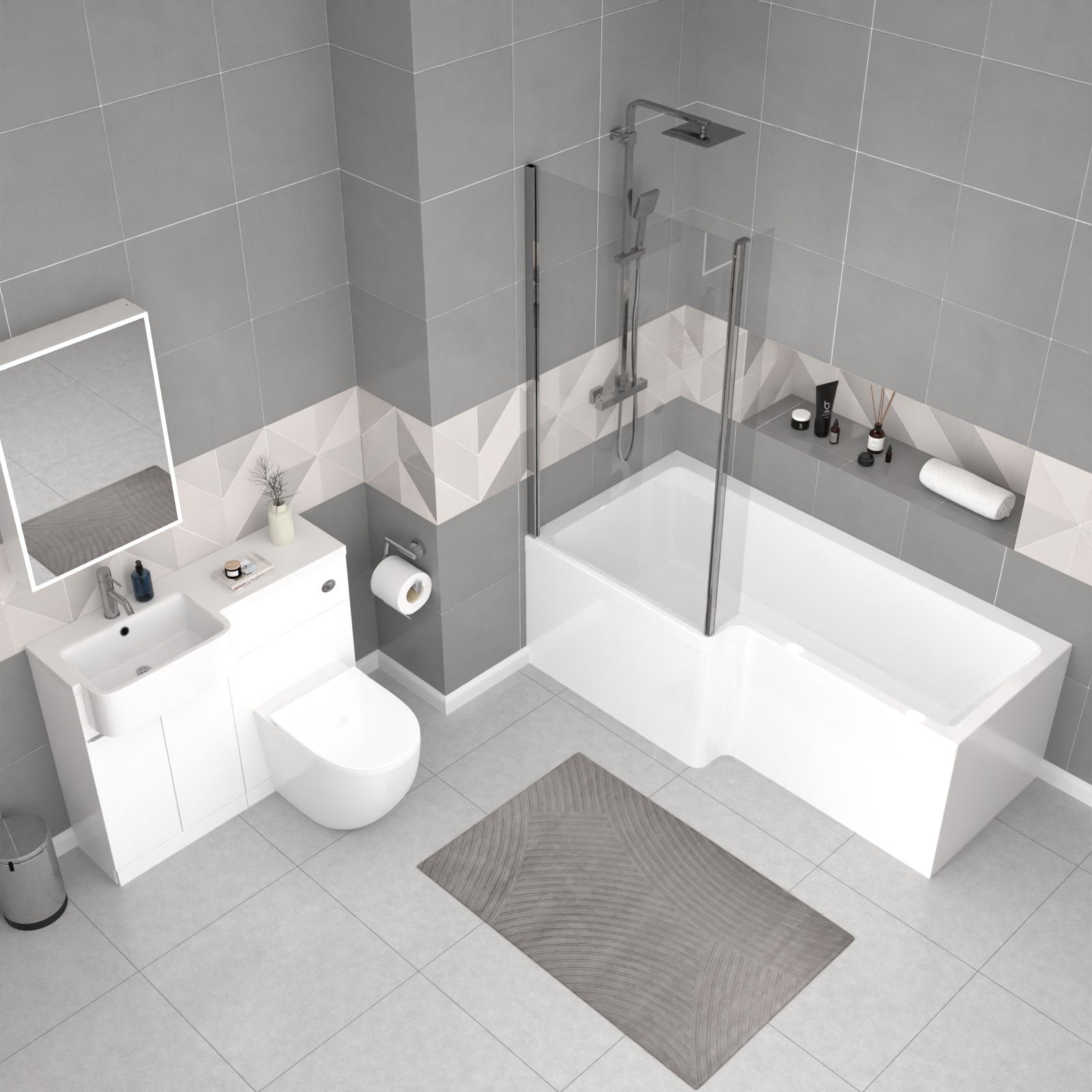 Bretford White L-Shaped LH 1700mm Shower Bath With Screen. Basin Vanity Unit With Handle & BTW Toilet Suite - Image 4