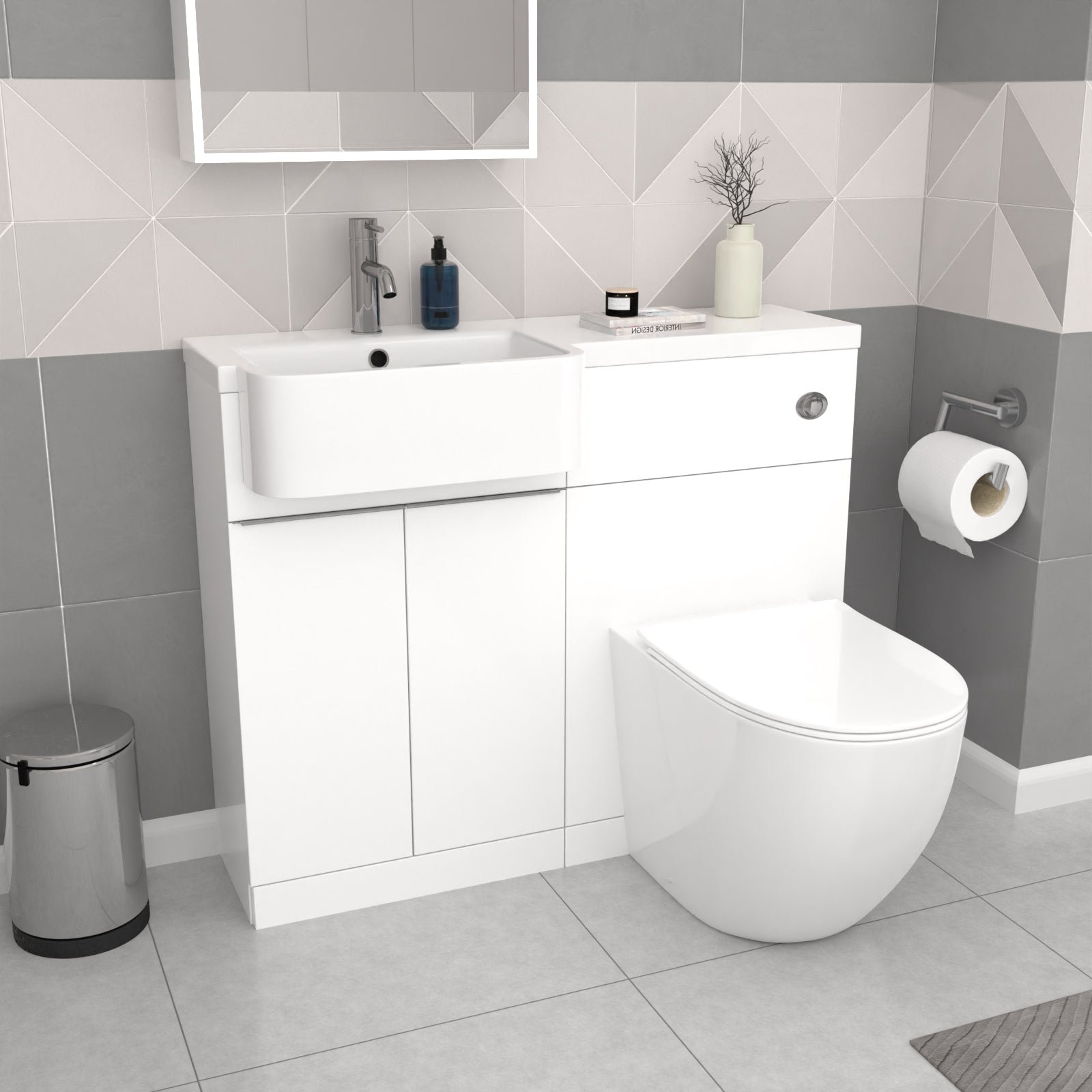Bretford White L-Shaped LH 1700mm Shower Bath With Screen. Basin Vanity Unit With Handle & BTW Toilet Suite - Image 5