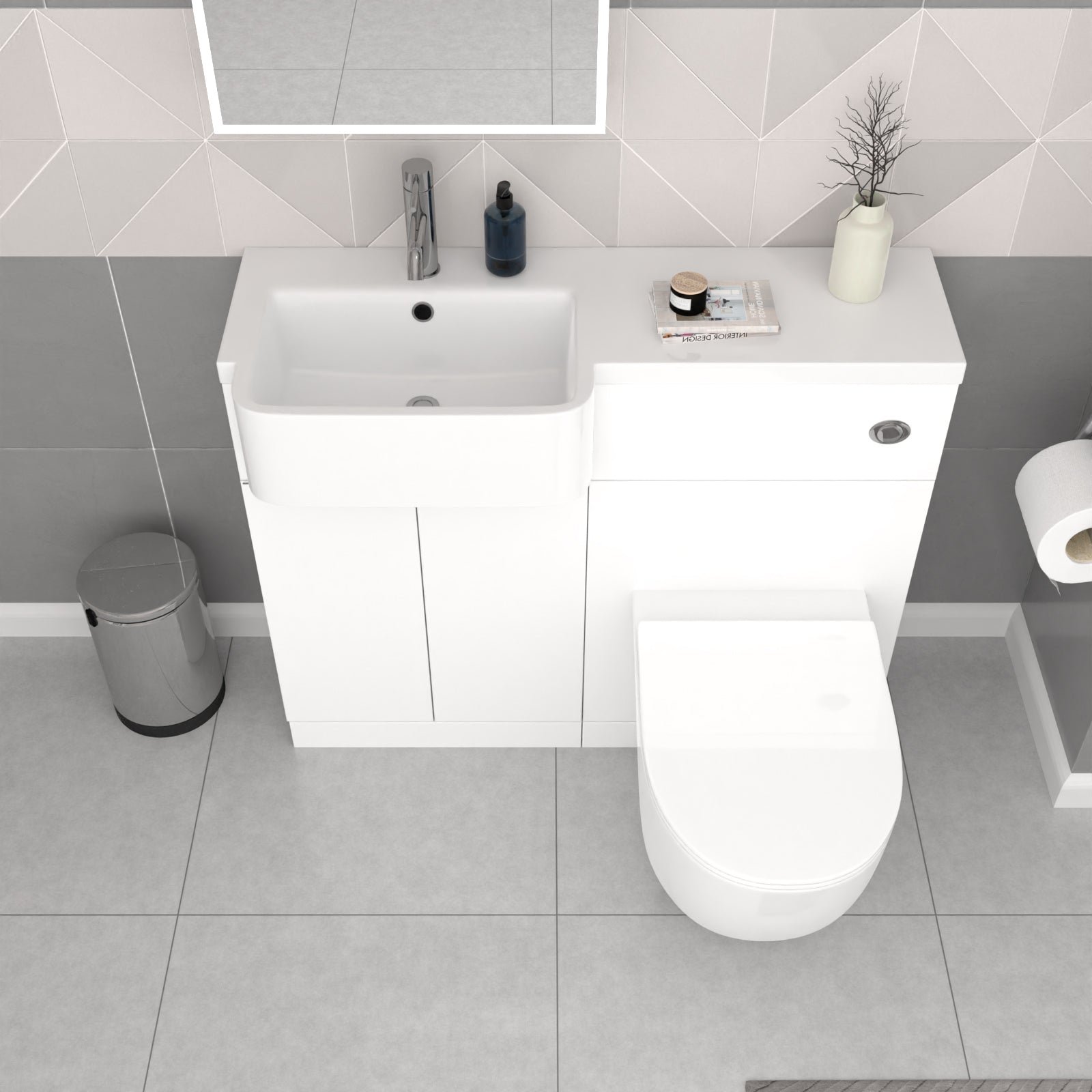Bretford White L-Shaped LH 1700mm Shower Bath With Screen. Basin Vanity Unit With Handle & BTW Toilet Suite - Image 7