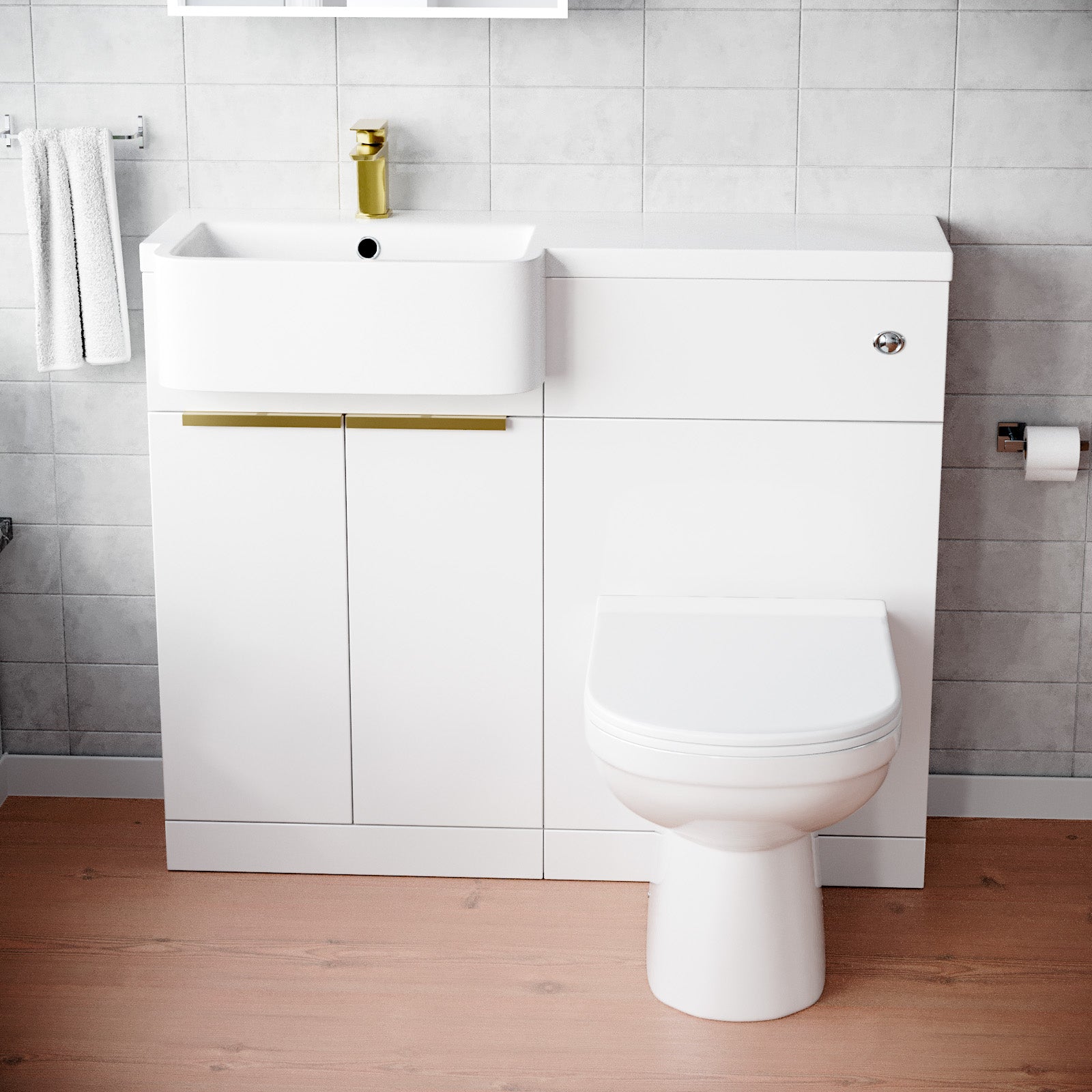 Bretford Basin Vanity Unit With Brushed Brass Handles. WC Unit. Tap & Toilet - Image 12