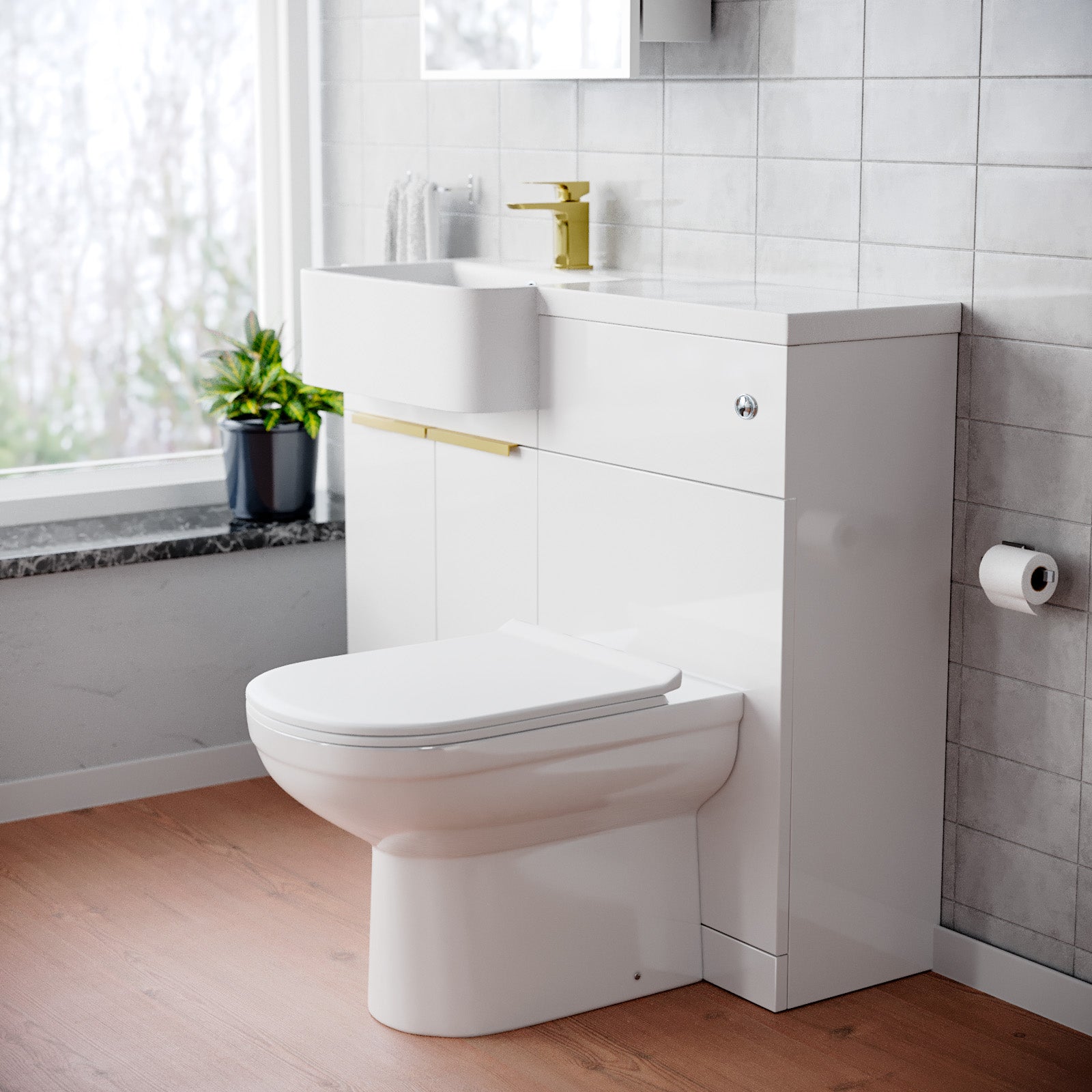 Bretford Basin Vanity Unit With Brushed Brass Handles. WC Unit. Tap & Toilet - Image 13