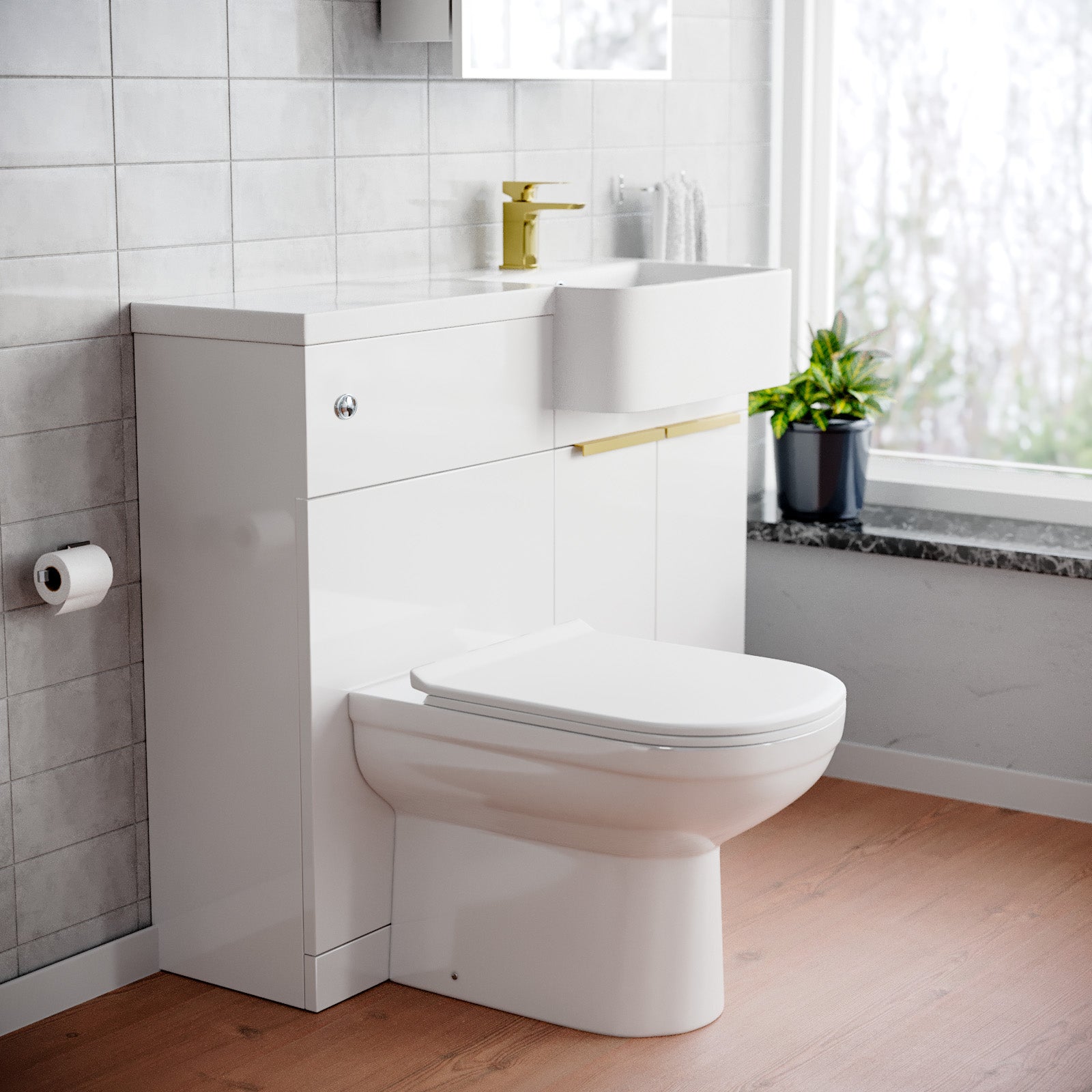 Bretford Basin Vanity Unit With Brushed Brass Handles. WC Unit. Tap & Toilet - Image 3