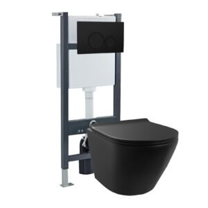 Rimless Round Wall Hung Toilet. Cistern Frame. Flush Button Matte Black