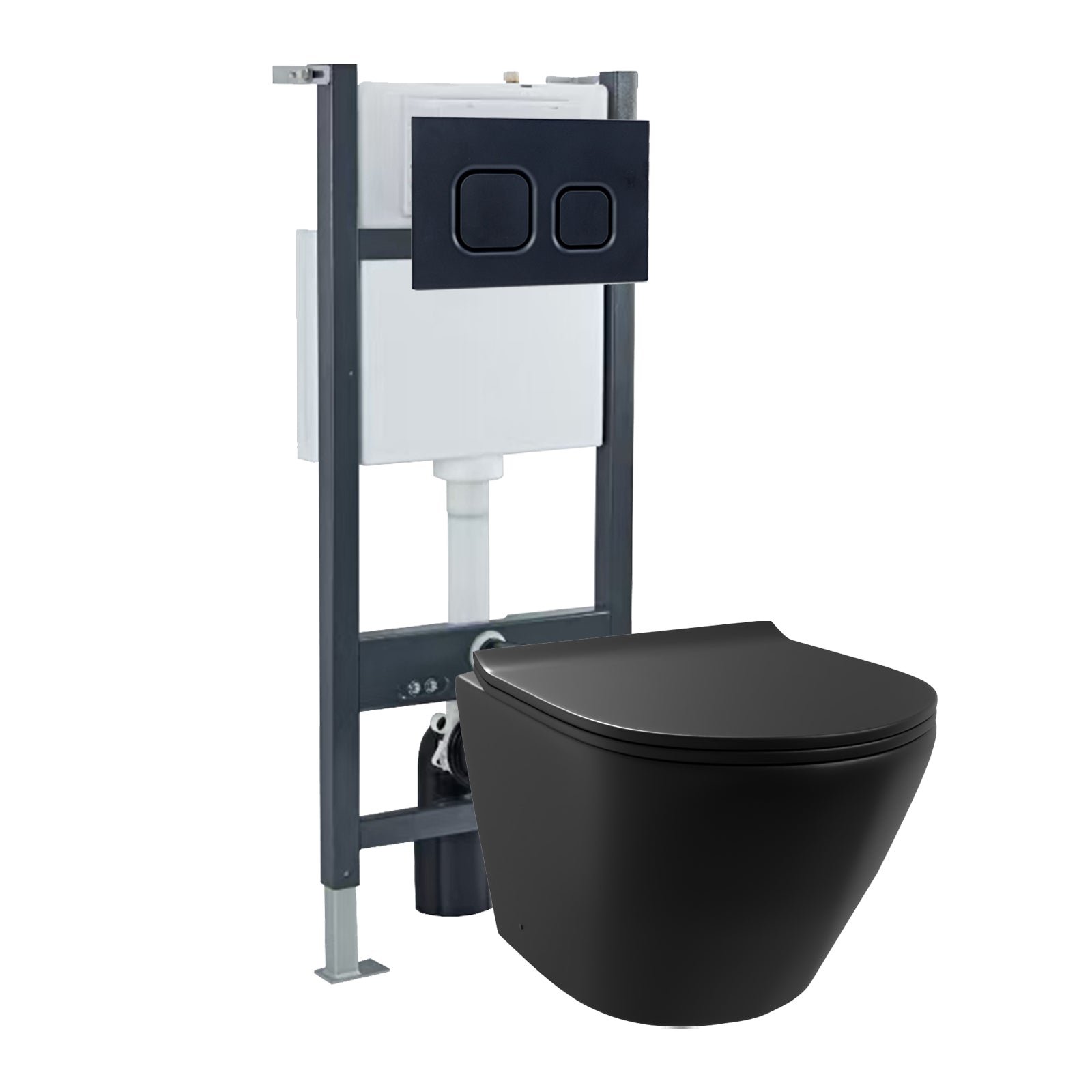 Round Rimless Wall Hung Toilet. Cistern Frame. Flush Plate Matte Black
