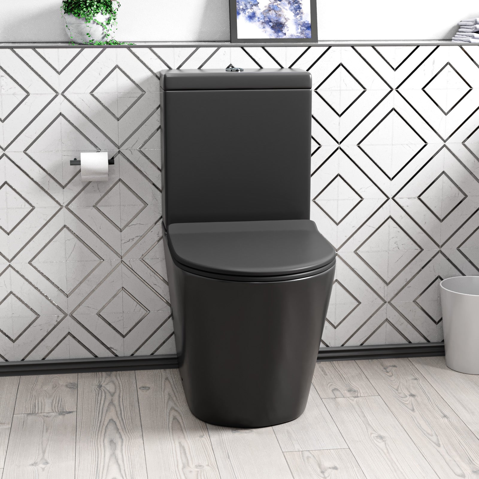 Rimless Round Close Coupled Toilet Pan. Cistern & Seat Matt Black - Image 2