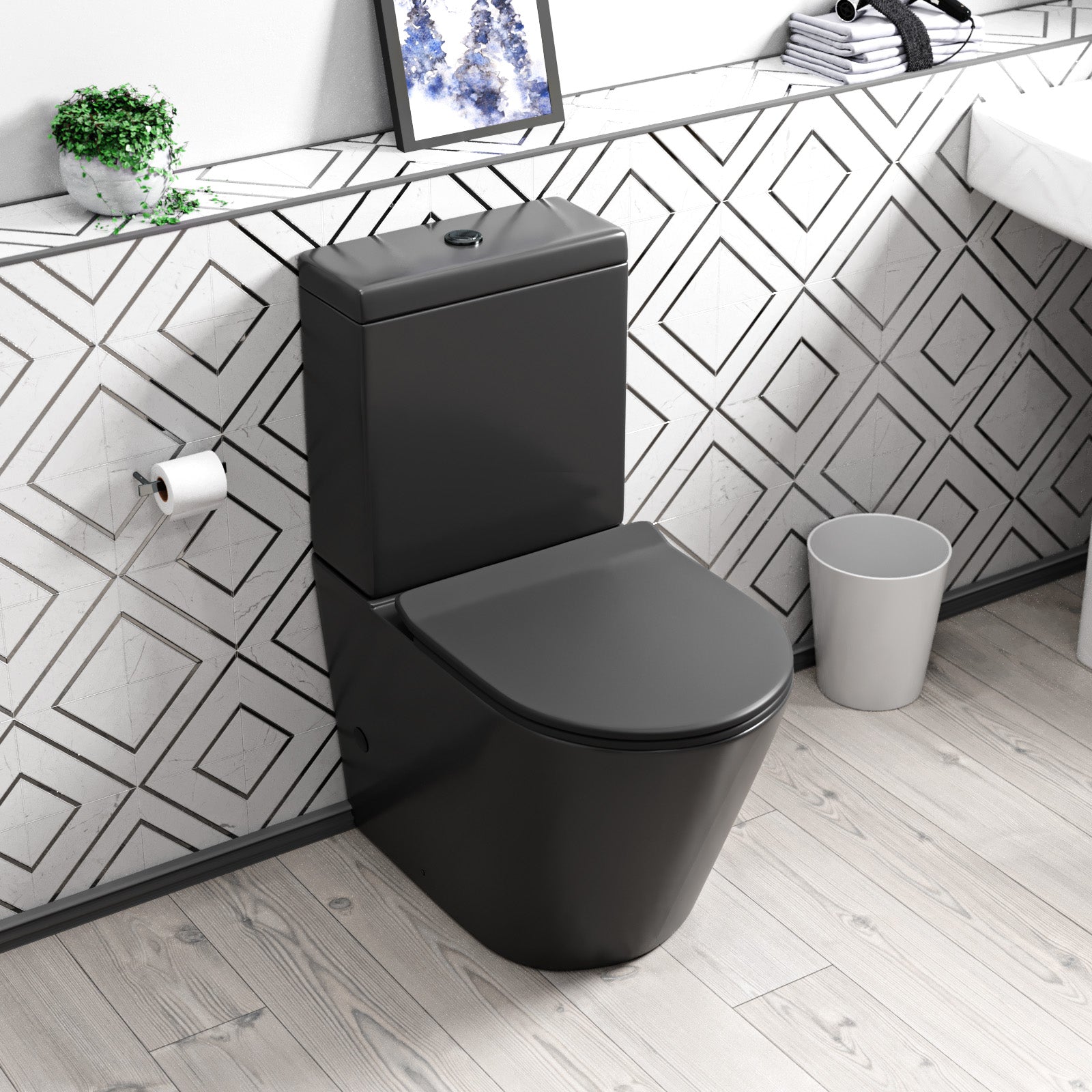 Rimless Round Close Coupled Toilet Pan. Cistern & Seat Matt Black - Image 3