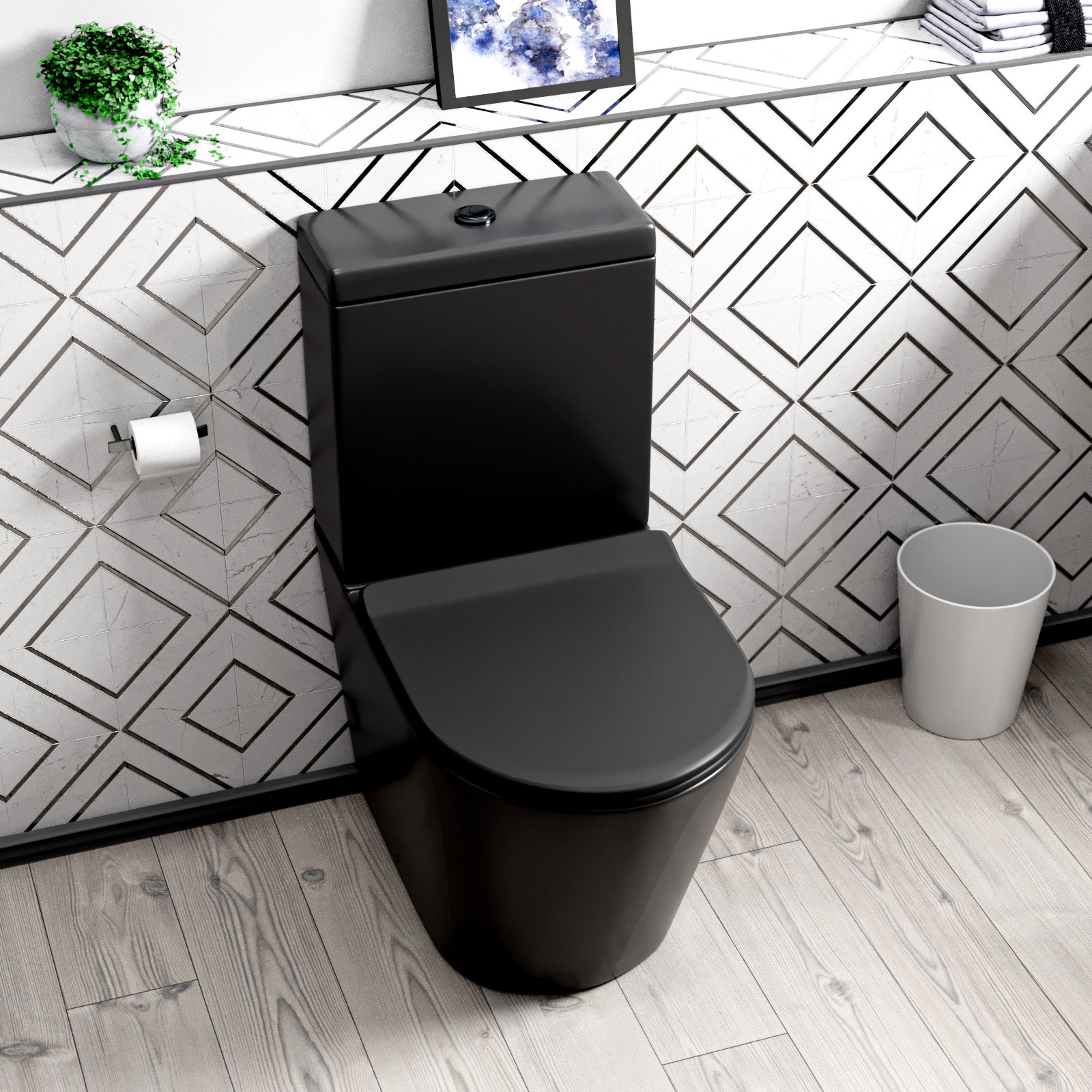 Rimless Round Close Coupled Toilet Pan. Cistern & Seat Matt Black - Image 5