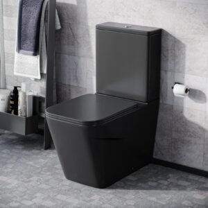 Rimless Square Close Coupled Toilet Pan. Cistern & Seat Matte Black
