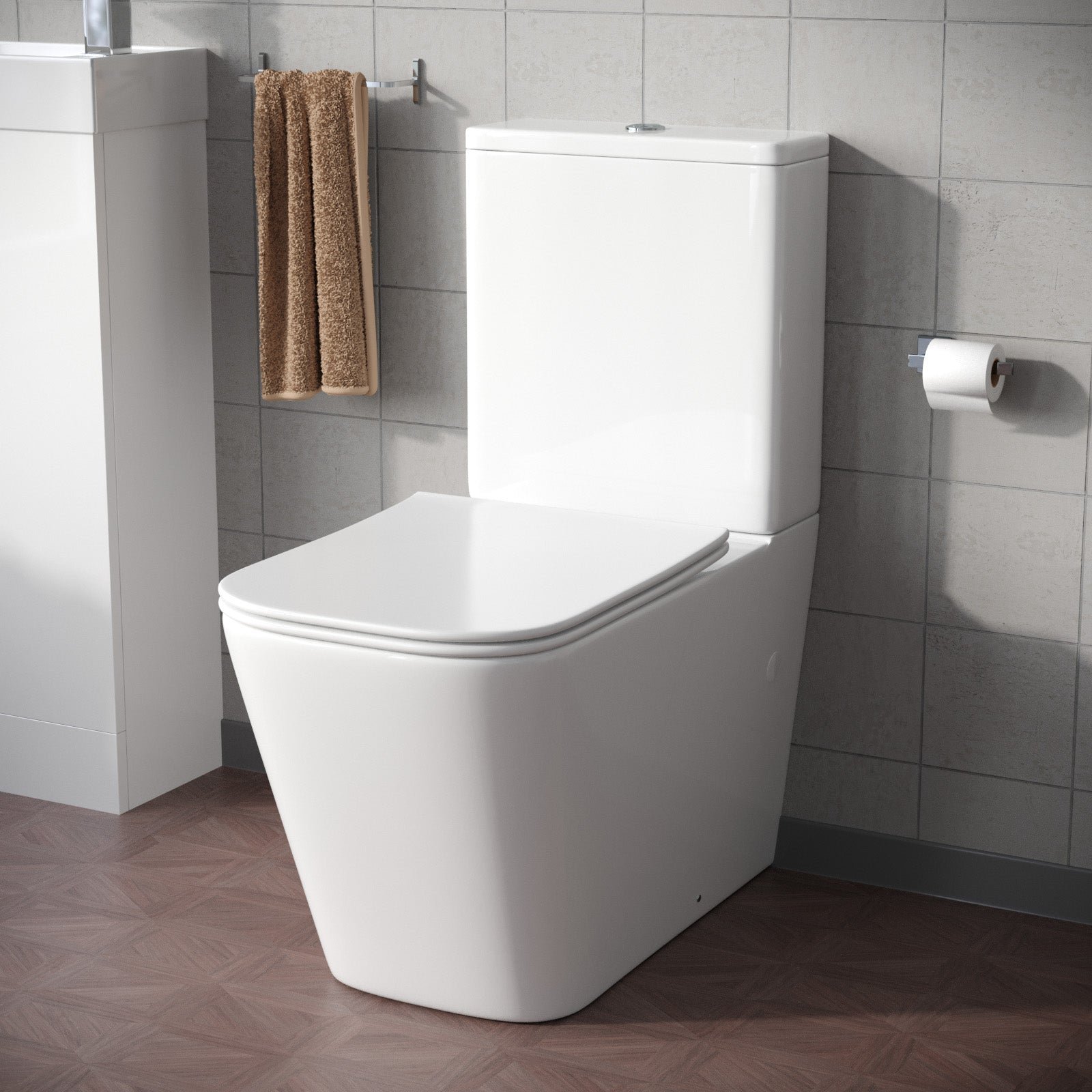 Square Rimless Close Coupled Toilet. Cistern And Soft Close Toilet Seat