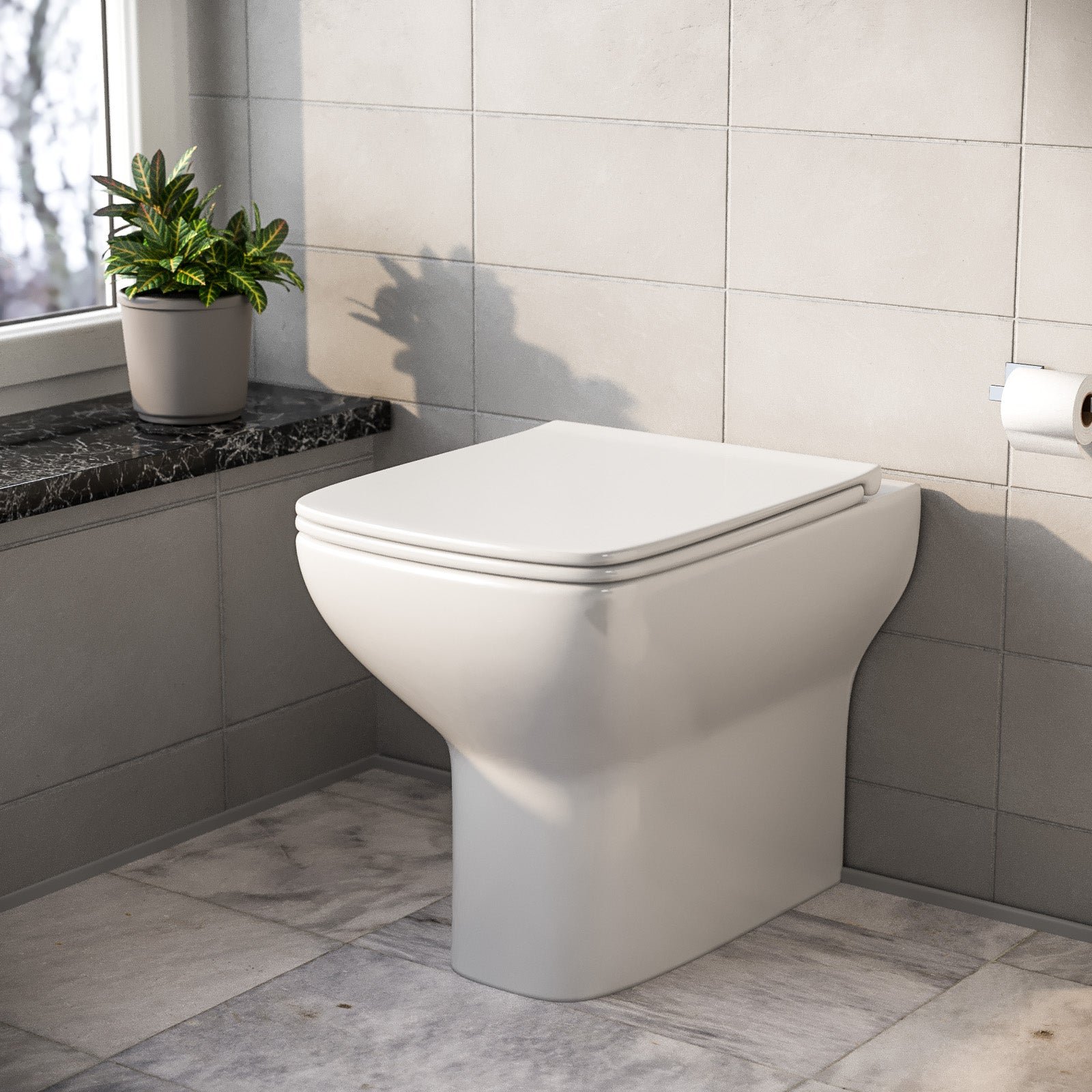 Kinver Modern Stylish Square Back to Wall Toilet. Soft Close Seat White