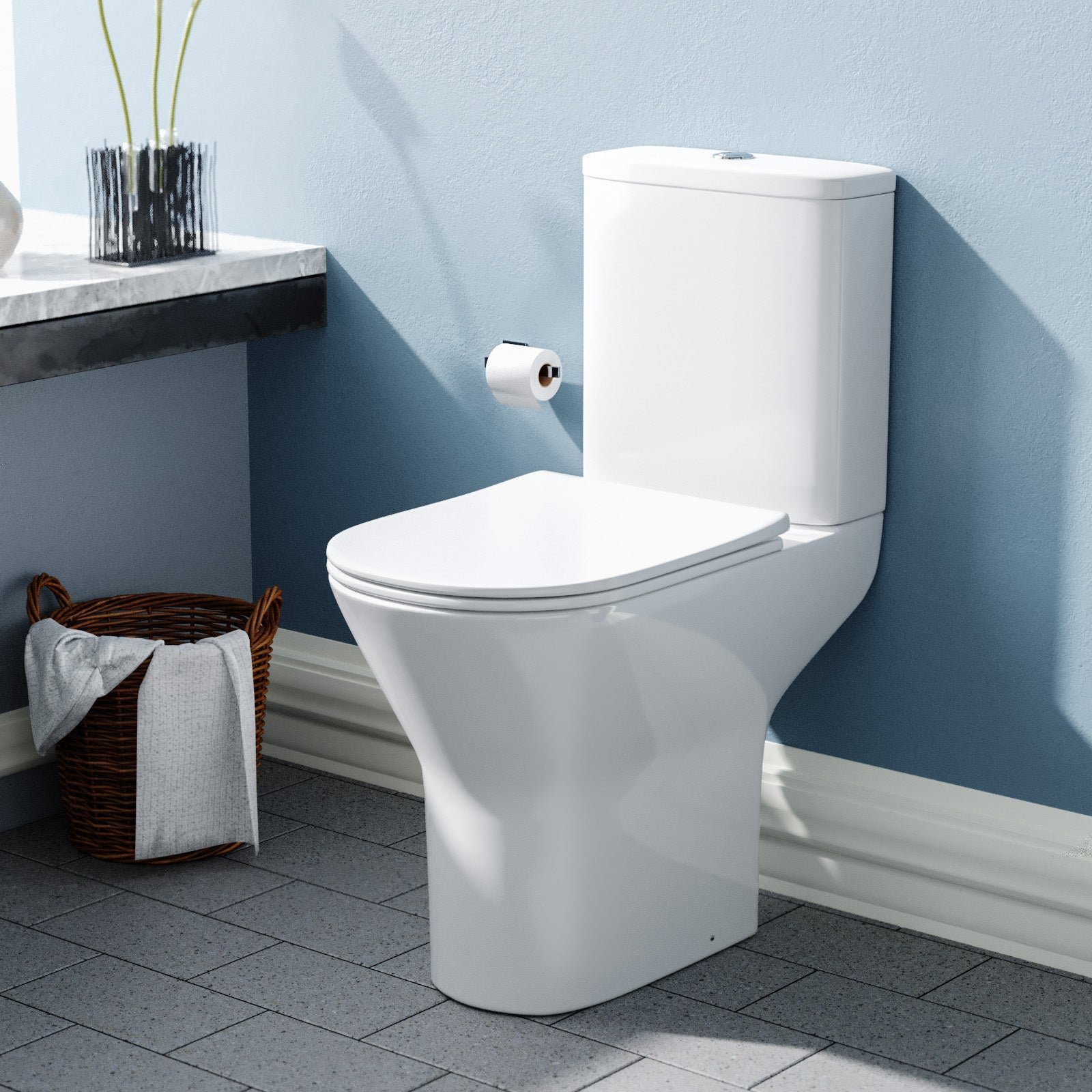 Regis Comfort Height Rimless Close Coupled Toilet Pan. Cistern & Toilet Seat
