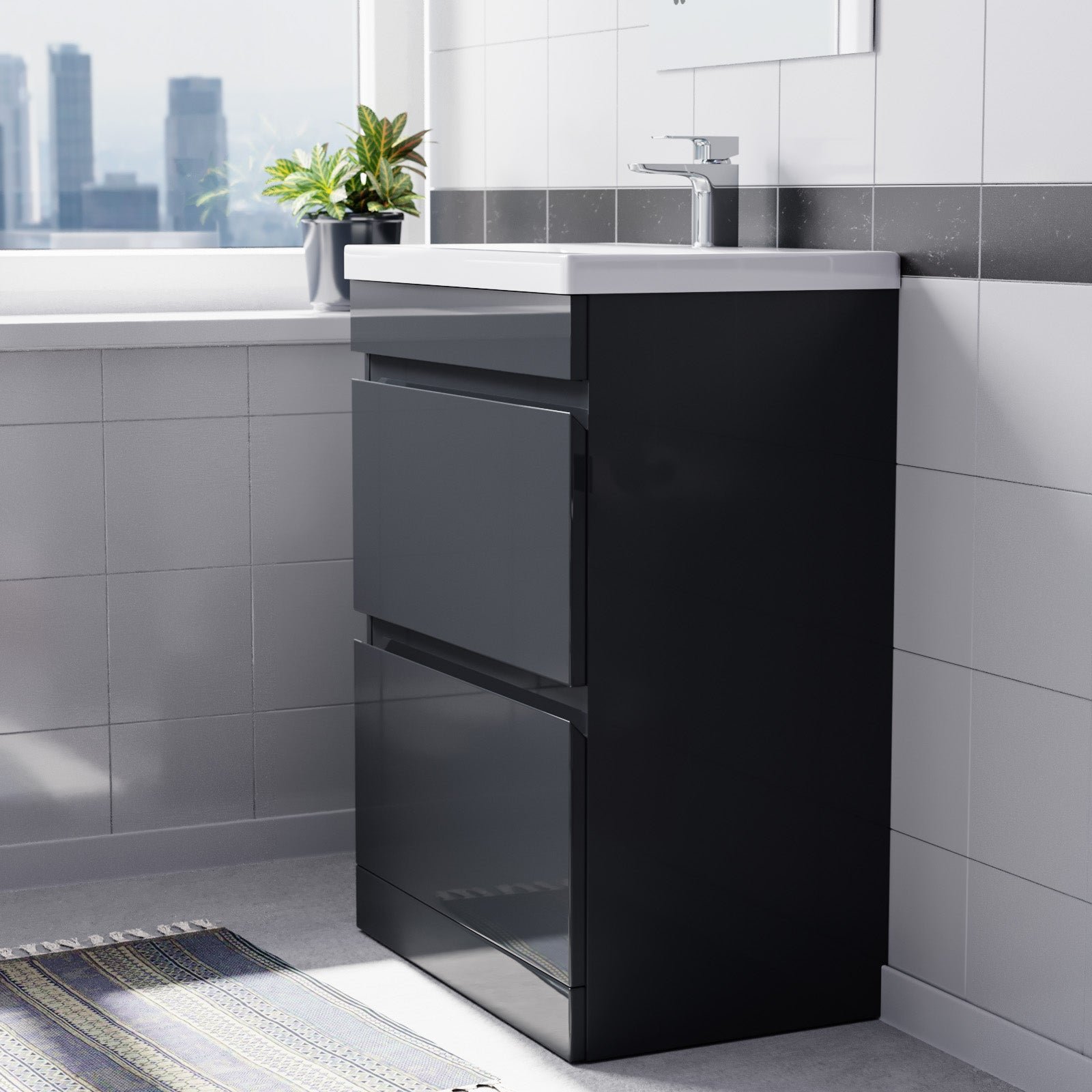 Alaska 600mm PVC 2 Drawer Dark Grey Floorstanding Vanity Cabinet and Basin - Image 2