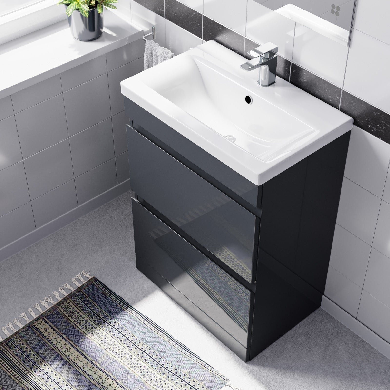 Alaska 600mm PVC 2 Drawer Dark Grey Floorstanding Vanity Cabinet and Basin - Image 3