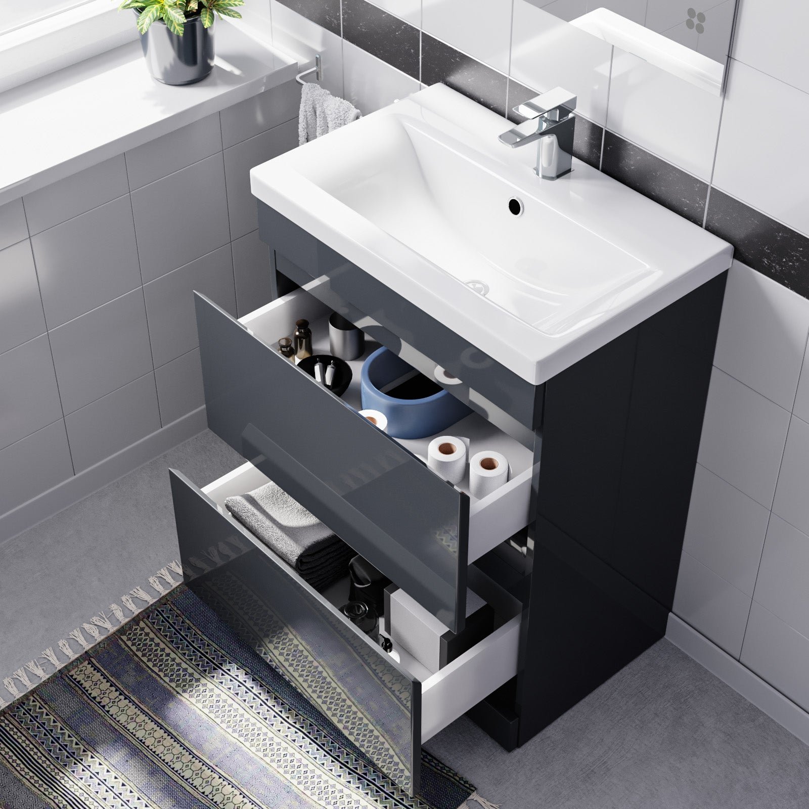 Alaska 600mm PVC 2 Drawer Dark Grey Floorstanding Vanity Cabinet and Basin - Image 4