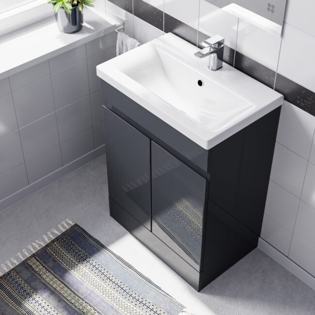 Alaska Dark Grey 600mm PVC Freestanding Bathroom Basin Vanity Unit - Image 3