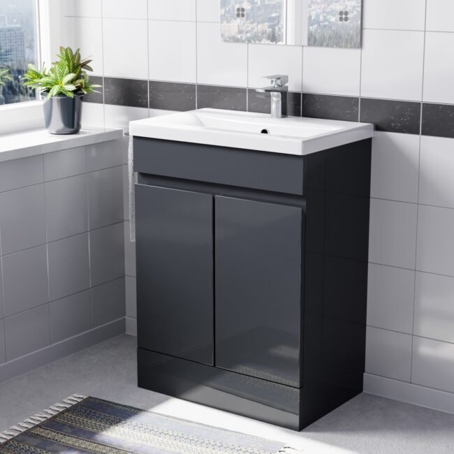 Alaska Dark Grey 600mm PVC Freestanding Bathroom Basin Vanity Unit