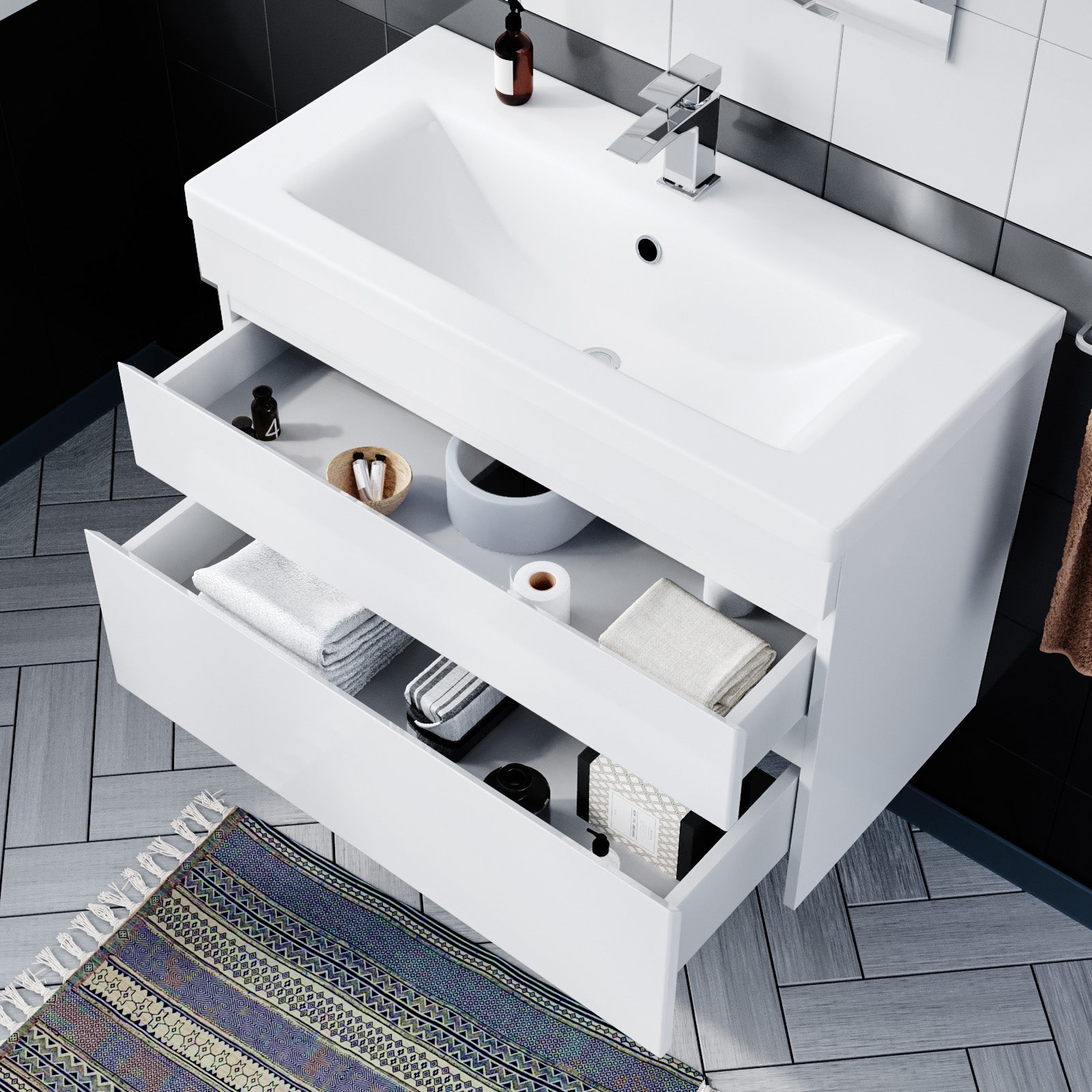 Alaska White 800mm PVC 2 Drawer Wall Hung Vanity Cabinet and Basin Sink Unit - Image 6