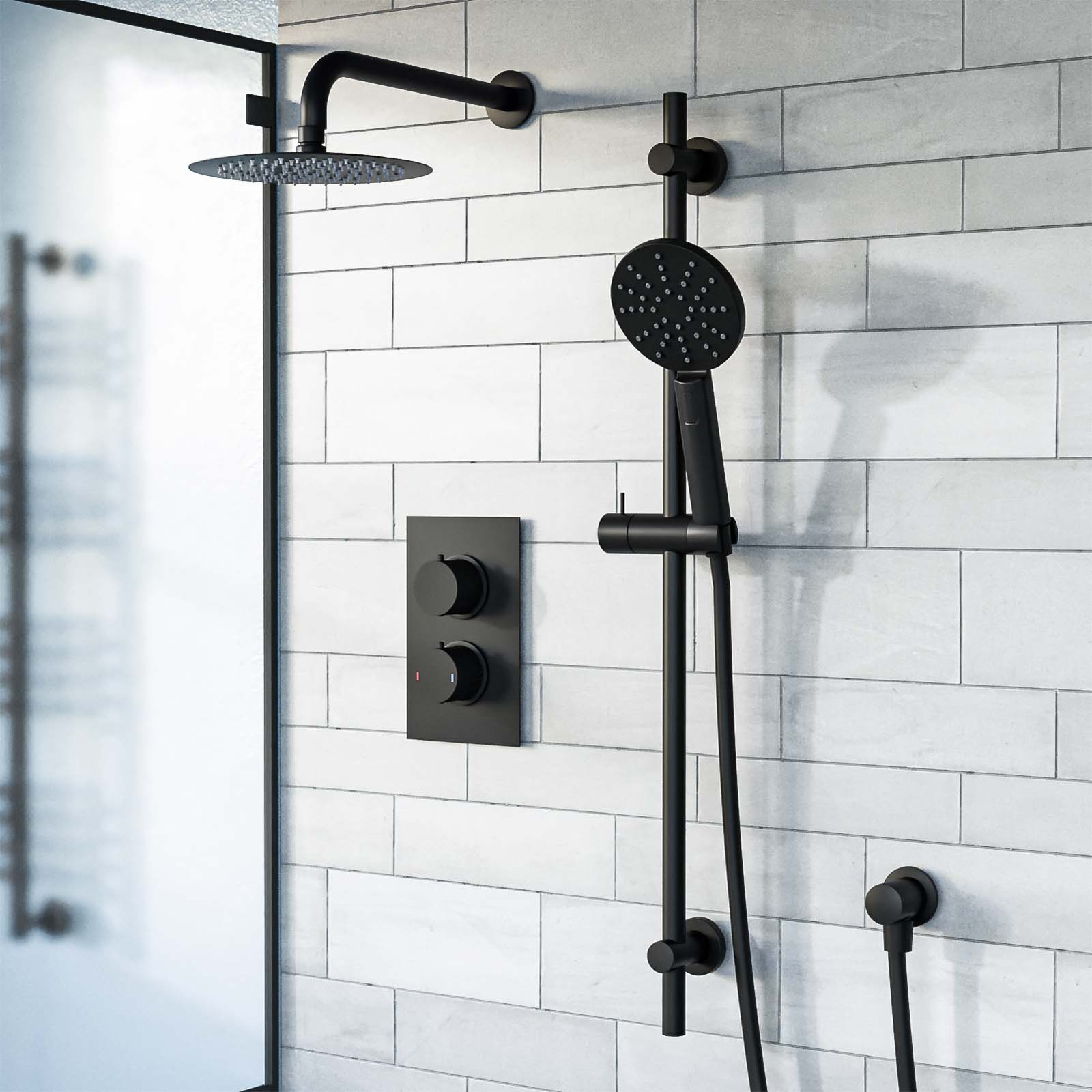 Voilet 2 Dial 2 Way Thermostatic Mixer. 200mm Shower Head. Slider Rail & Handset Matte Black