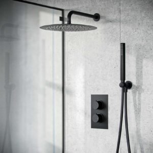 Voilet 2 Dial 2 Way Round Concealed Thermostatic Mixer Valve. Shower Head & Handset Matte Black