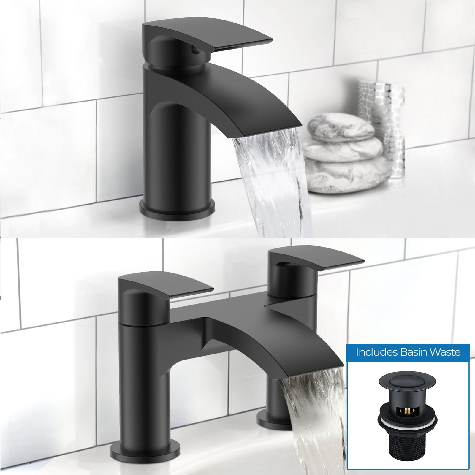 Vago Bathroom Sink Basin Mono Mixer Bath Filler Shower Black Matt Brass Tap & Waste - Image 3