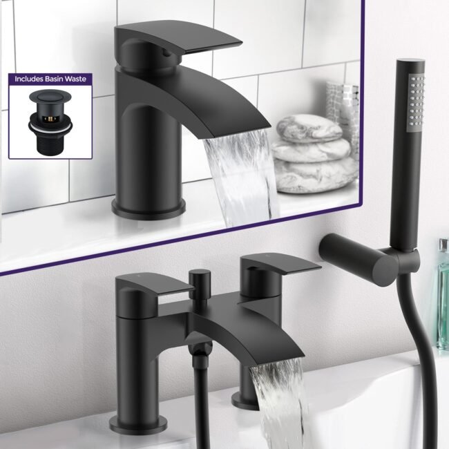 Vago Modern Matte Black Waterfall Basin Mixer Tap & Bath Shower Mixer With Handset Kit - Image 2