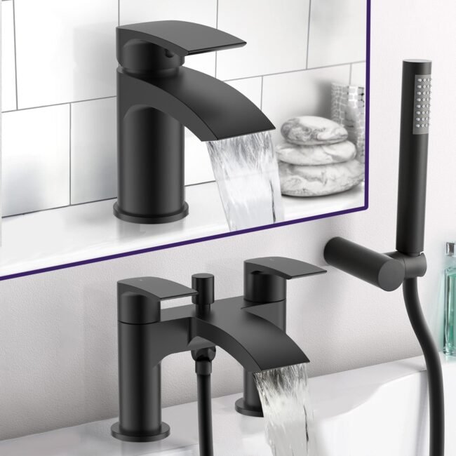 Vago Modern Matte Black Waterfall Basin Mixer Tap & Bath Shower Mixer With Handset Kit - Image 3