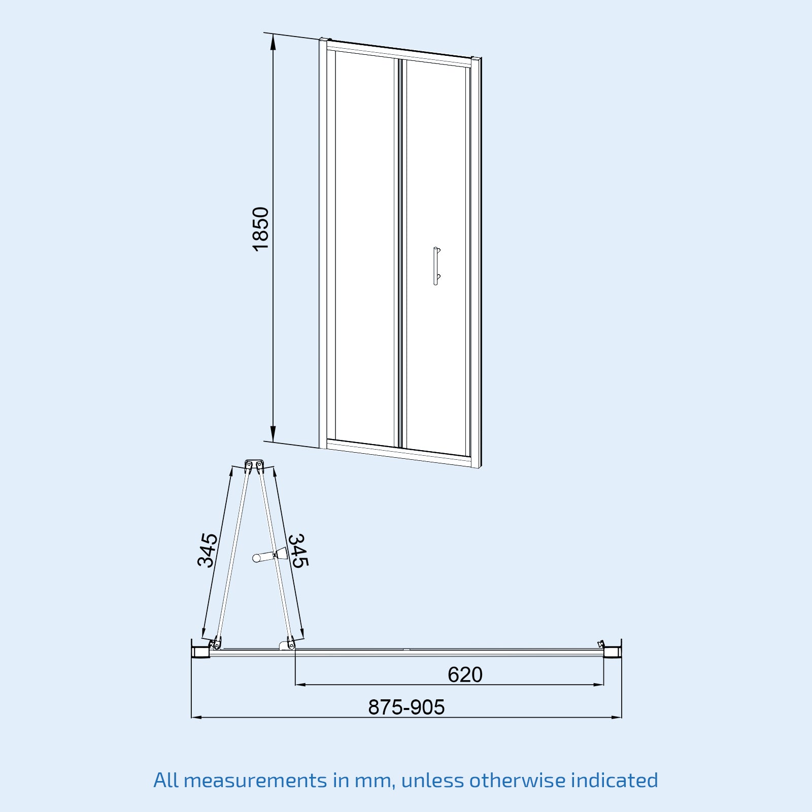 Bi-Fold 900mm Glass Shower Door with 900mm Side Panel and Tray - Image 3