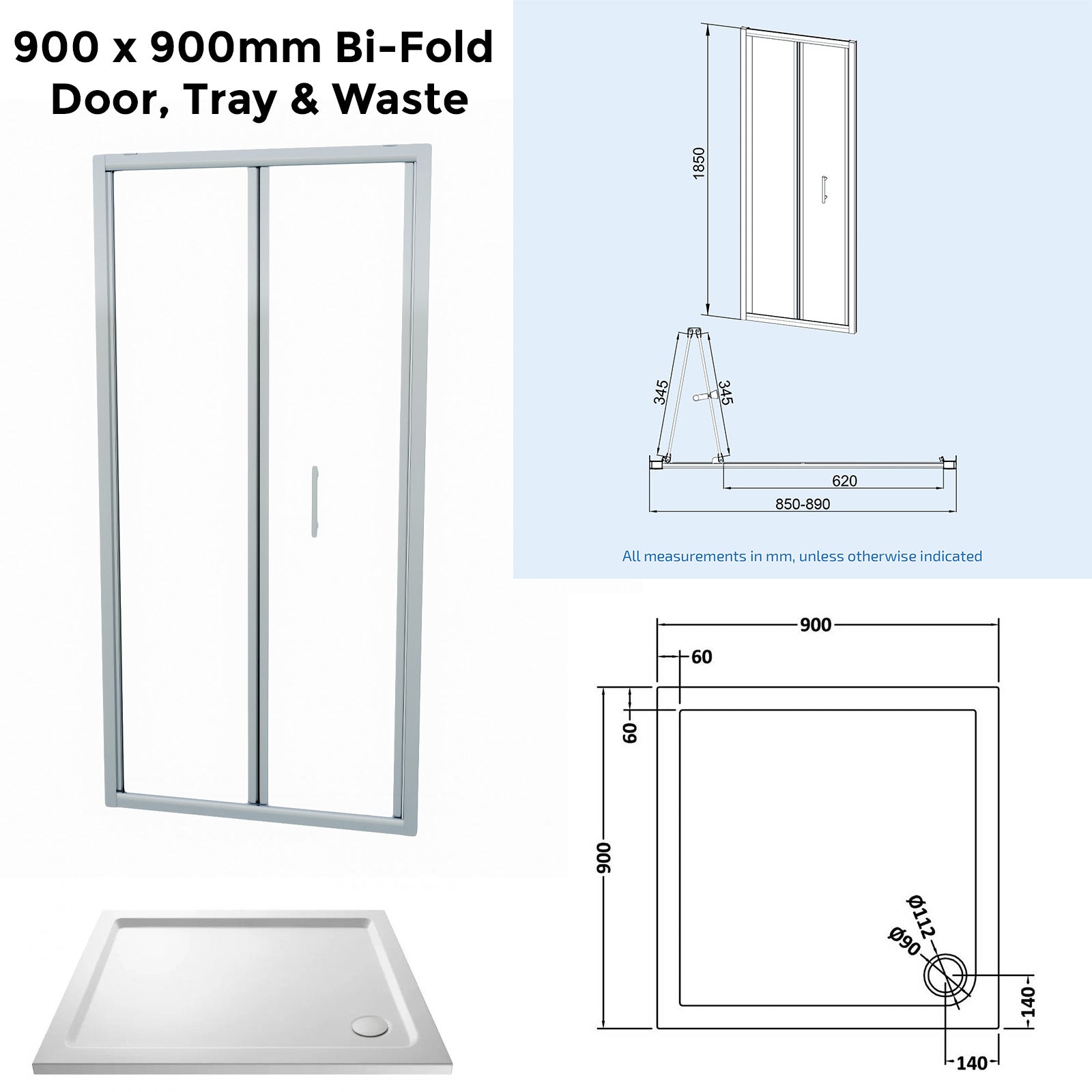 Bi-Fold 900mm Glass Shower Door with 900mm Side Panel and Tray - Image 2
