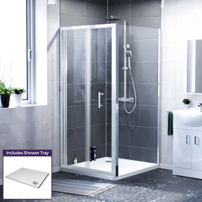 Jupiter Chrome Framed Shower Bi-Fold Door. Side Panel Enclosure & Tray - Image 2