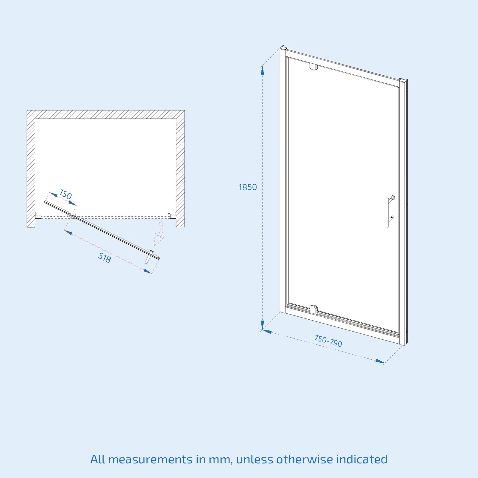 Jupiter 800 x 700mm Pivot Door Shower Enclosure & Side Panel Chrome - Image 5