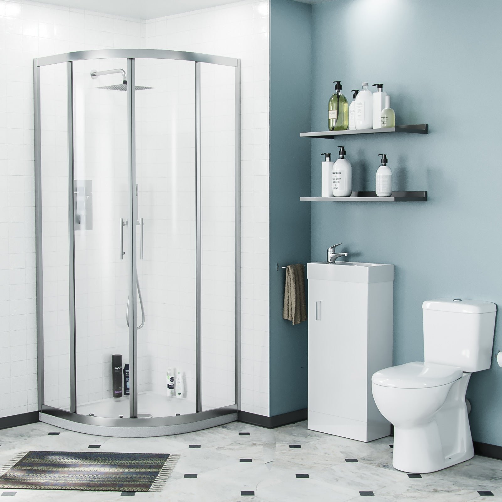 Nanuya 3-Piece White Shower Enclosure Suite – 900mm Quadrant Shower Enclosure with Tray. Close Coupled WC Toilet with Seat and Floorstanding 400 mm Vanity Basin Unit