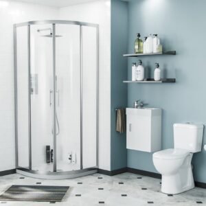 Nanuya 3-Piece White Shower Enclosure Suite with Tray. Close Coupled WC Toilet with Seat and Wall Hung 400 mm Vanity