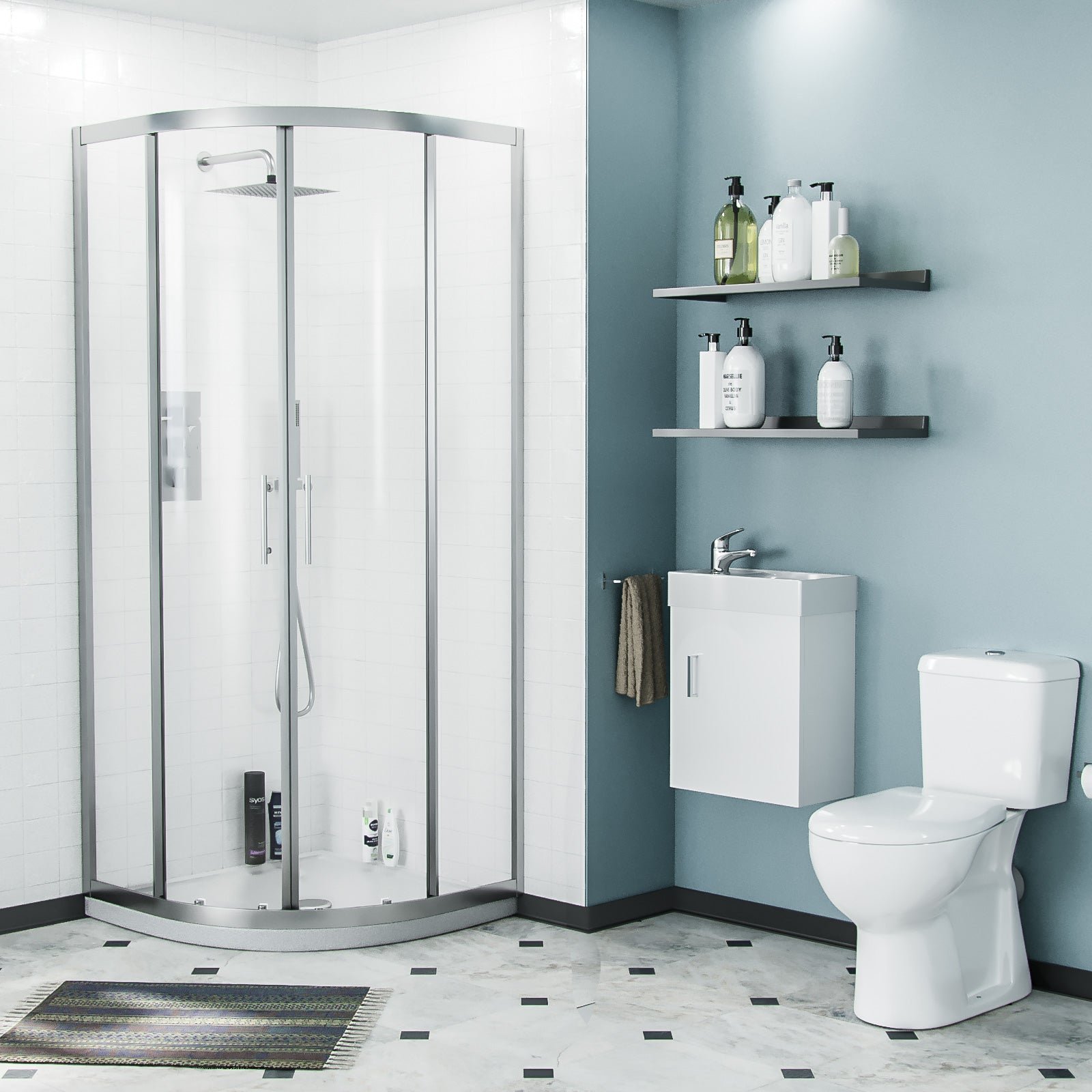 Nanuya 3-Piece White Shower Enclosure Suite with Tray. Close Coupled WC Toilet with Seat and Wall Hung 400 mm Vanity