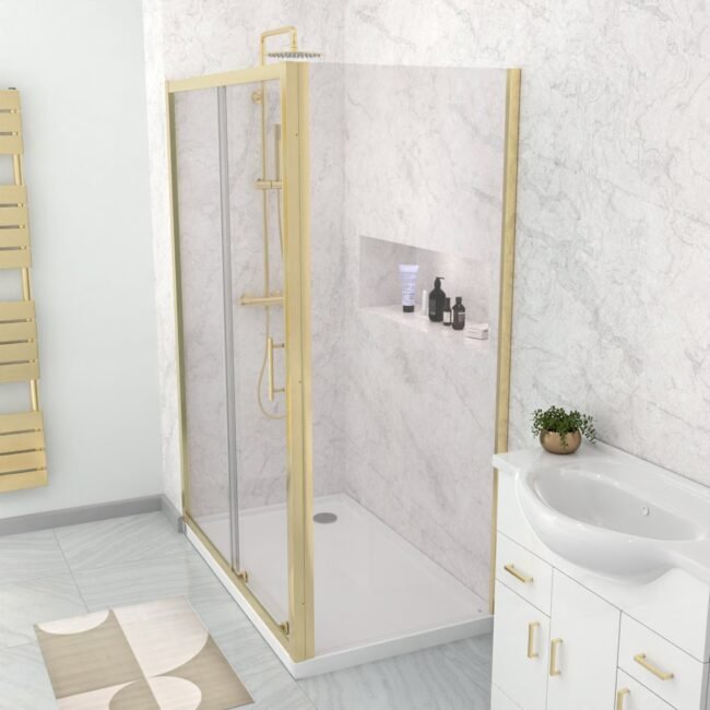 Manga 1100 x 900mm Brushed Brass Framed Shower Enclosure Sliding Door & Side Panel - Image 5