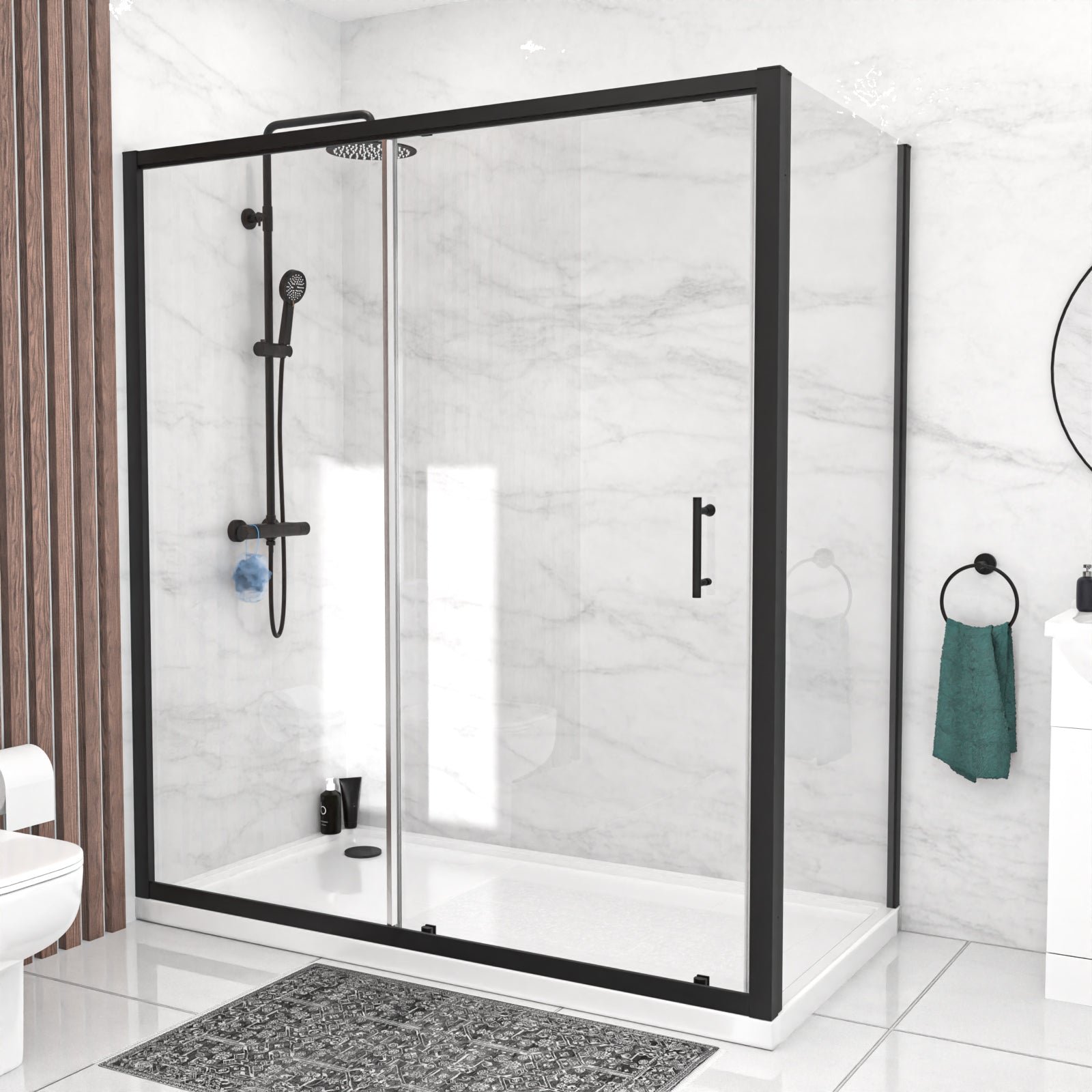 Magna 1700mm Matte Black Sliding Shower Door. 900mm Frameless Glass Screen