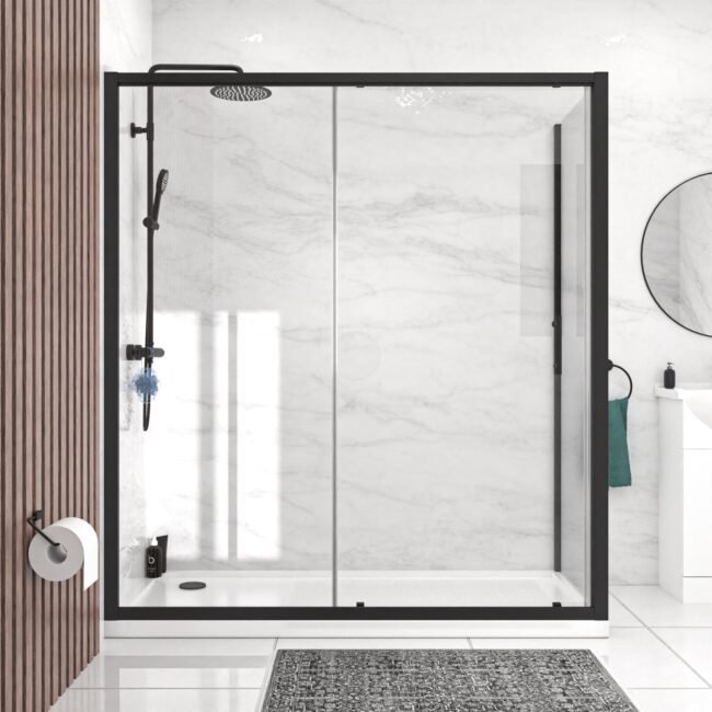 Black 1700 x 700mm Shower Enclosure Sliding Door & Glass Side Panel - Image 2