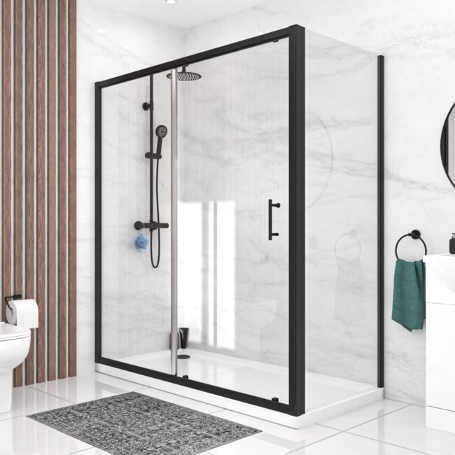 Black 1700 x 700mm Shower Enclosure Sliding Door & Glass Side Panel - Image 3