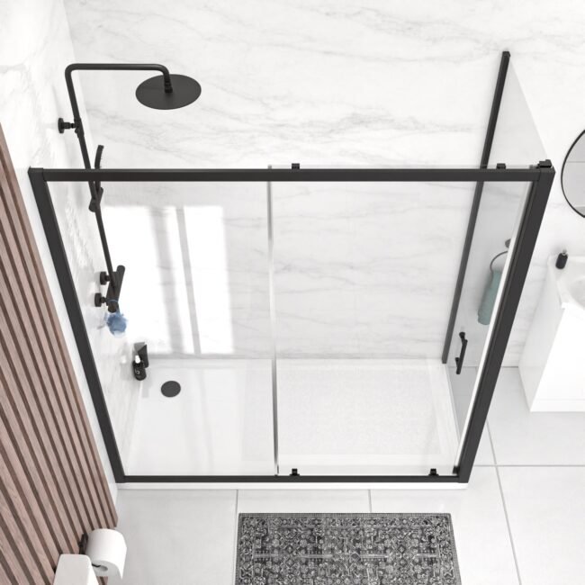Black 1700 x 700mm Shower Enclosure Sliding Door & Glass Side Panel - Image 4