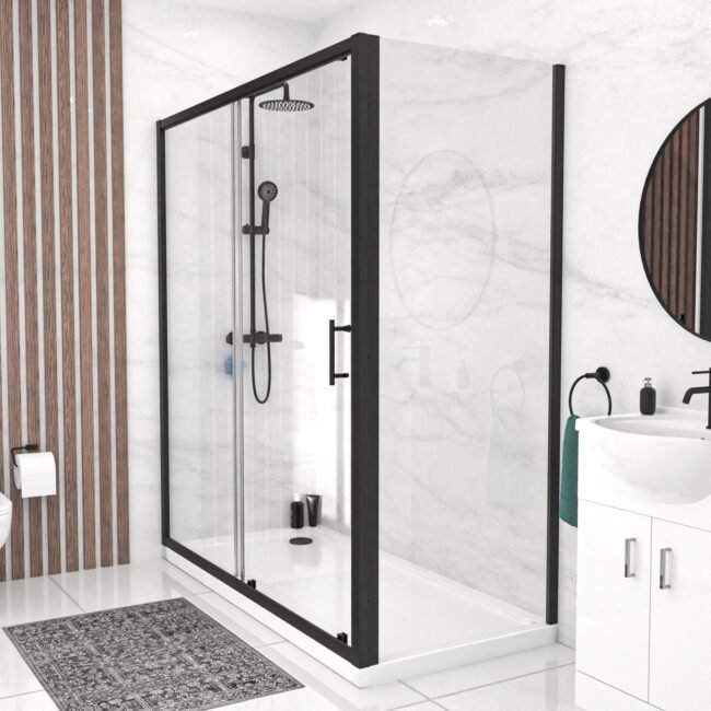 Black 1700 x 700mm Shower Enclosure Sliding Door & Glass Side Panel - Image 5