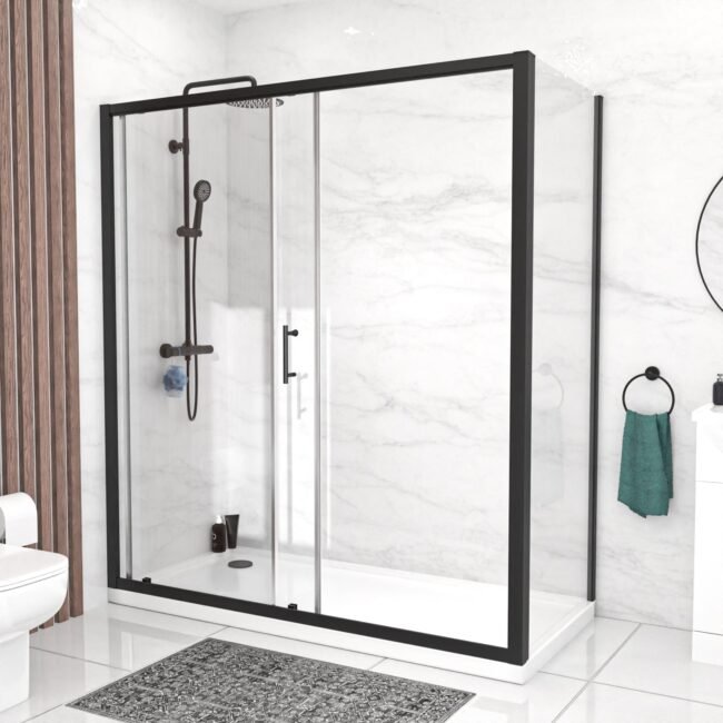 Black 1700 x 700mm Shower Enclosure Sliding Door & Glass Side Panel - Image 6