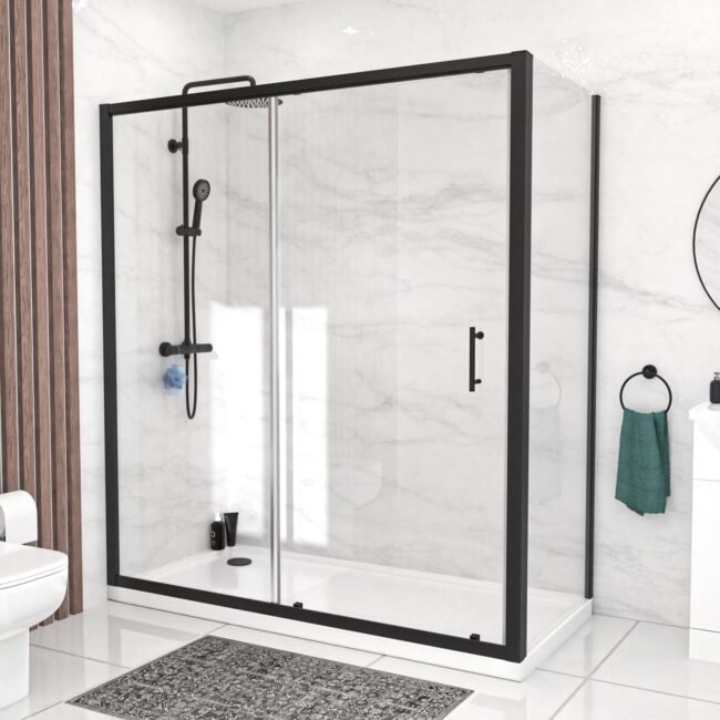 Black 1700 x 700mm Shower Enclosure Sliding Door & Glass Side Panel