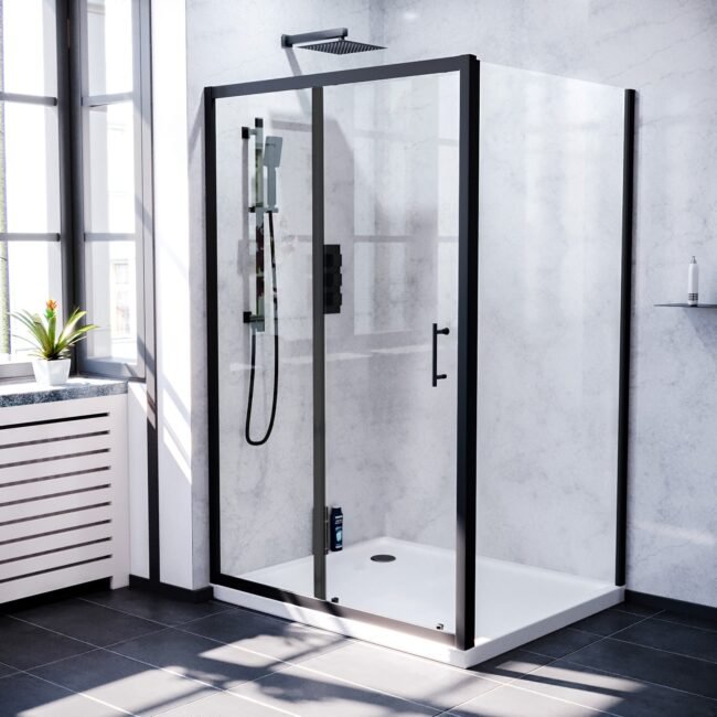 Magna Matte Black Framed Shower Enclosure Sliding Door. Frameless Glass Side Panel Screen & Tray