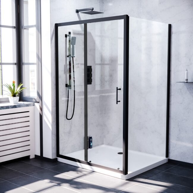 Magna Matte Black Framed Shower Enclosure Sliding Door. Frameless Glass Side Panel Screen & Tray - Image 7