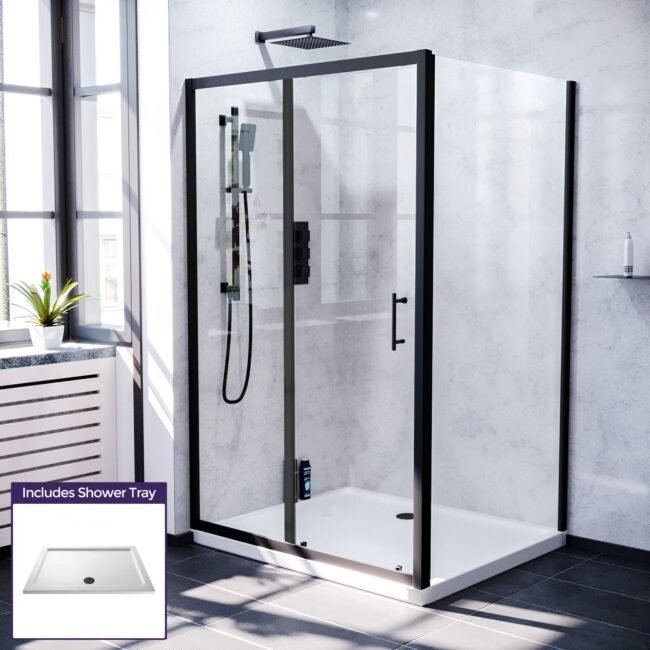 Magna Matte Black Framed Shower Enclosure Sliding Door. Frameless Glass Side Panel Screen & Tray - Image 6