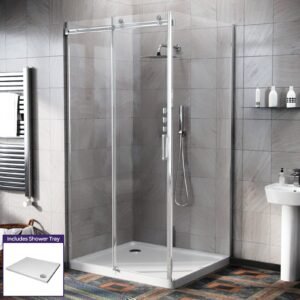 Saga Frameless 1000mm Sliding Door. Side Panel 800mm Enclosure & Tray