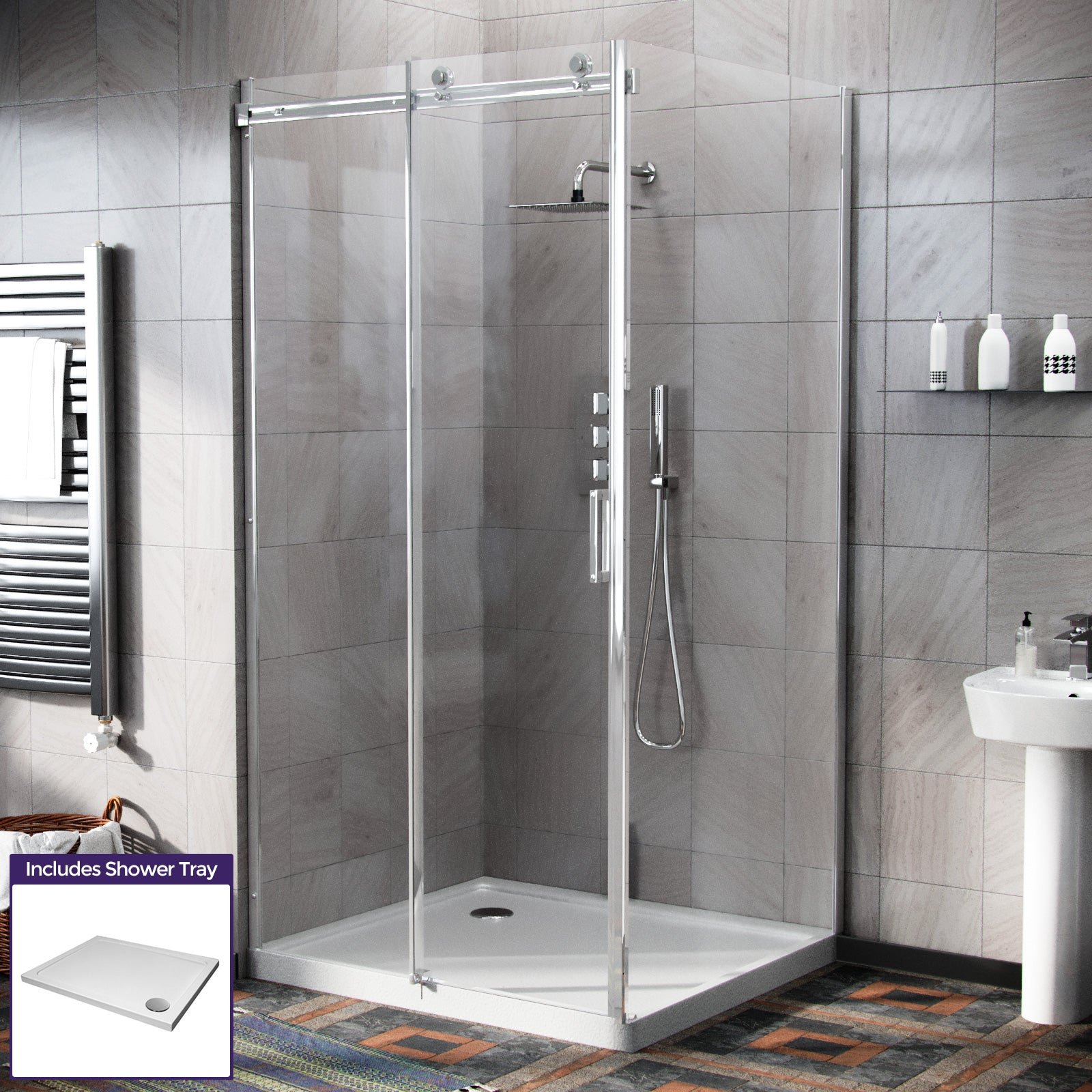 Saga Frameless 1000mm Sliding Door. Side Panel 800mm Enclosure & Tray