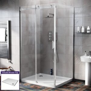 Saga Frameless 1100mm Sliding Door. Side Panel 800mm Enclosure & Tray