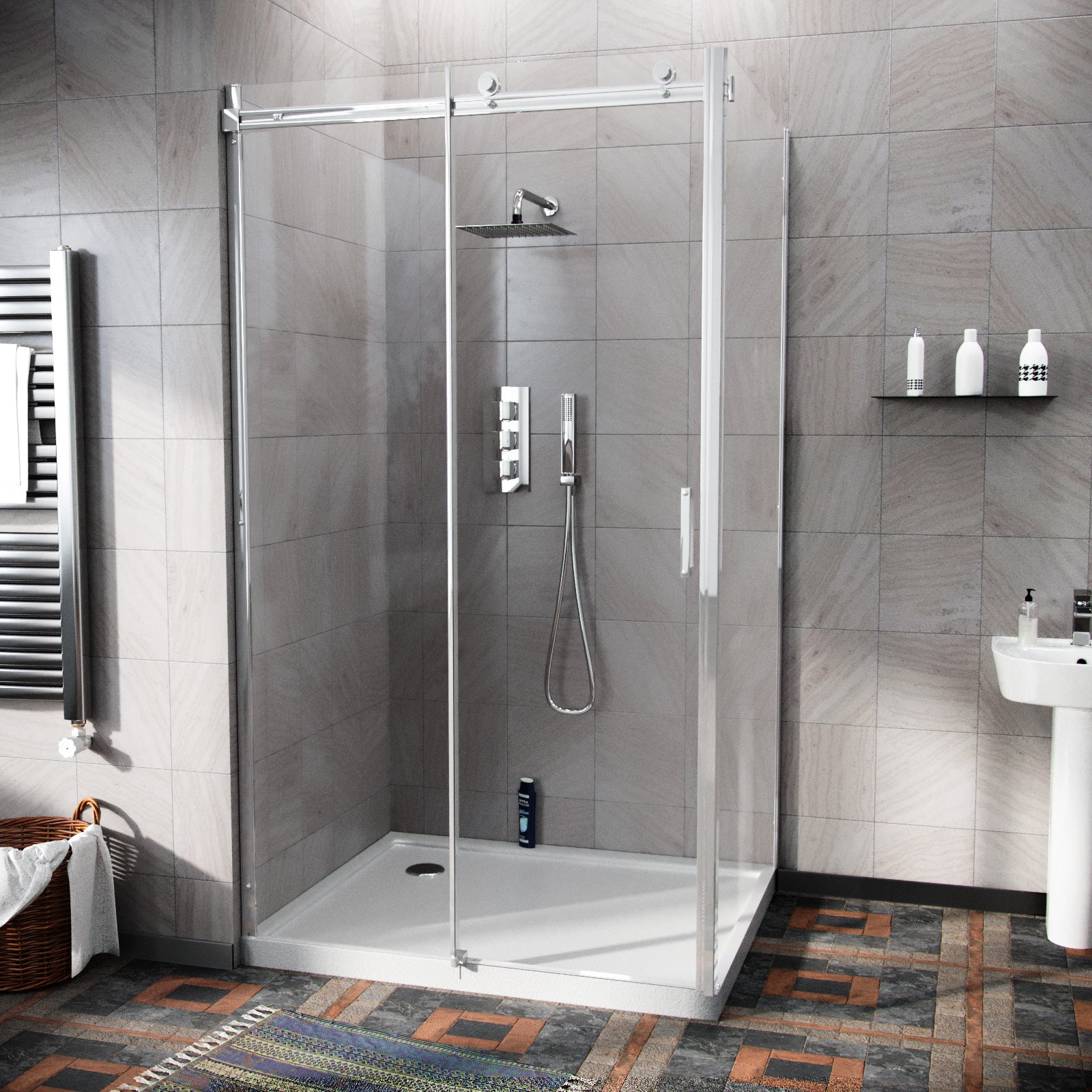 Saga Frameless 1100mm Sliding Door. Side Panel 900mm Enclosure & Tray - Image 2
